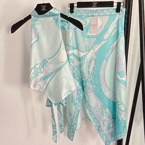 Emilio Pucci Aqua White Printed Silk Crop Halter Top